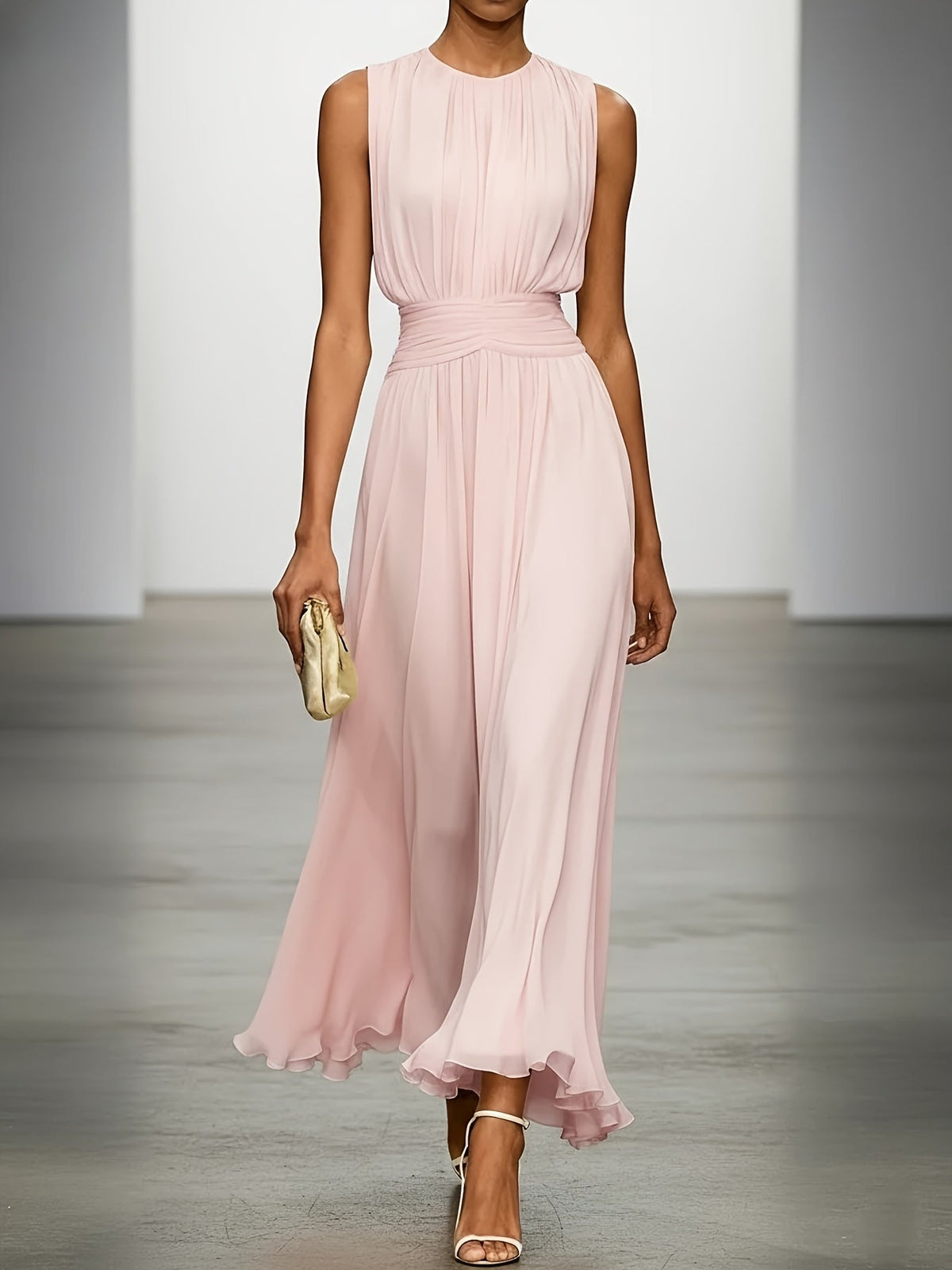 Women's summer style pleated maxi dress, elegant and long, with a beautiful ruched waist for events.