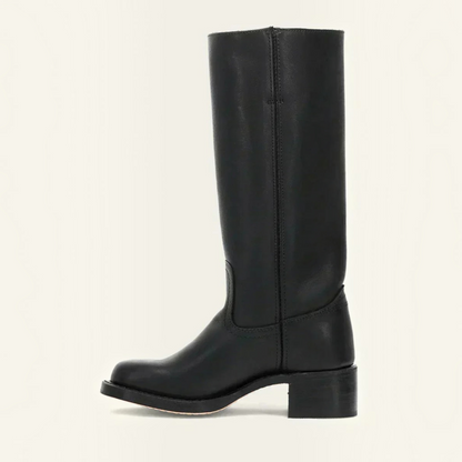 Mid Calf Boots with Block Heel and Closed Toe, Pull On Entry
