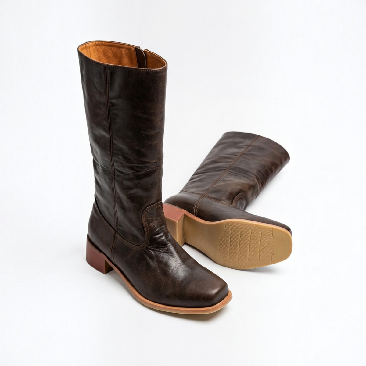 Mid Calf Boots with Block Heel and Closed Toe, Pull On Entry