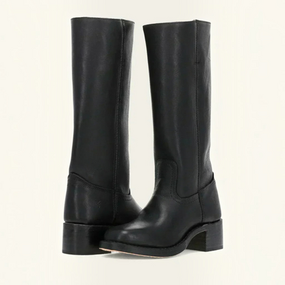 Mid Calf Boots with Block Heel and Closed Toe, Pull On Entry