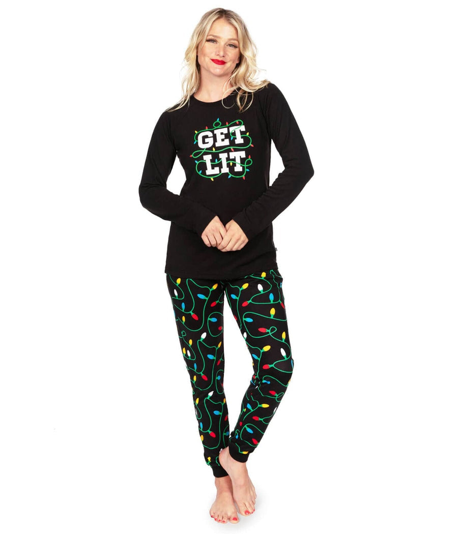 Womens Get Lit Christmas Pajamas with Black Long Sleeve Top and Holiday Lights Pants