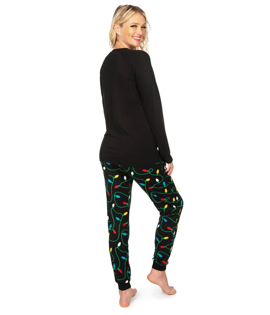 Womens Get Lit Christmas Pajamas with Black Long Sleeve Top and Holiday Lights Pants