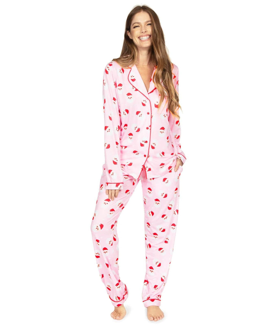 Womens Pink Lapel Pajama Set with Dancing Santa Print for Christmas Eve