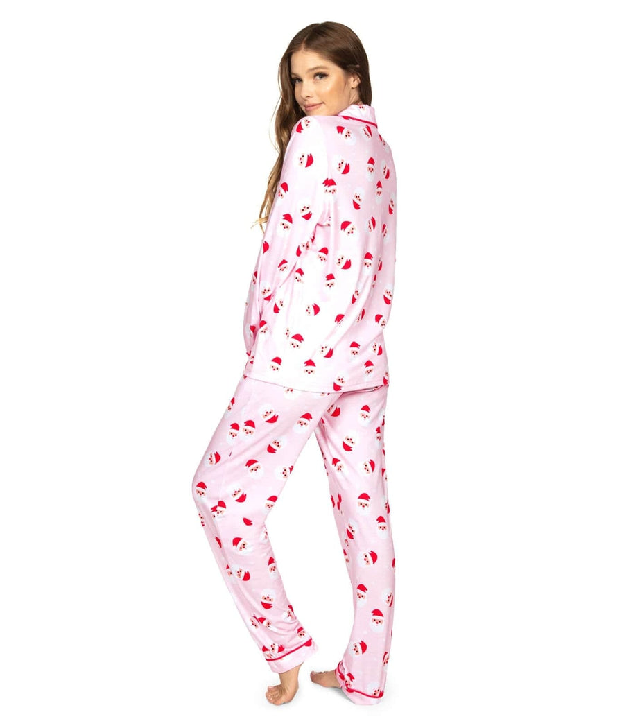 Womens Pink Lapel Pajama Set with Dancing Santa Print for Christmas Eve