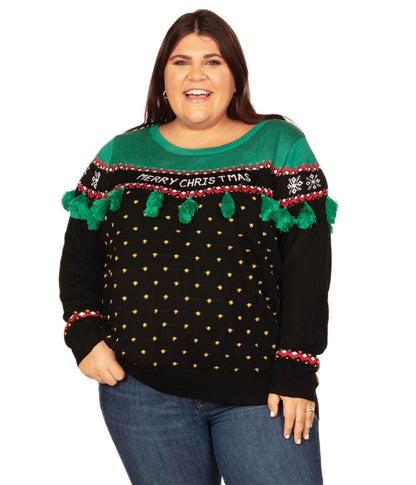 Womens Plus Size Tassel Christmas Tree Sweater in Festive Green and Red Knit