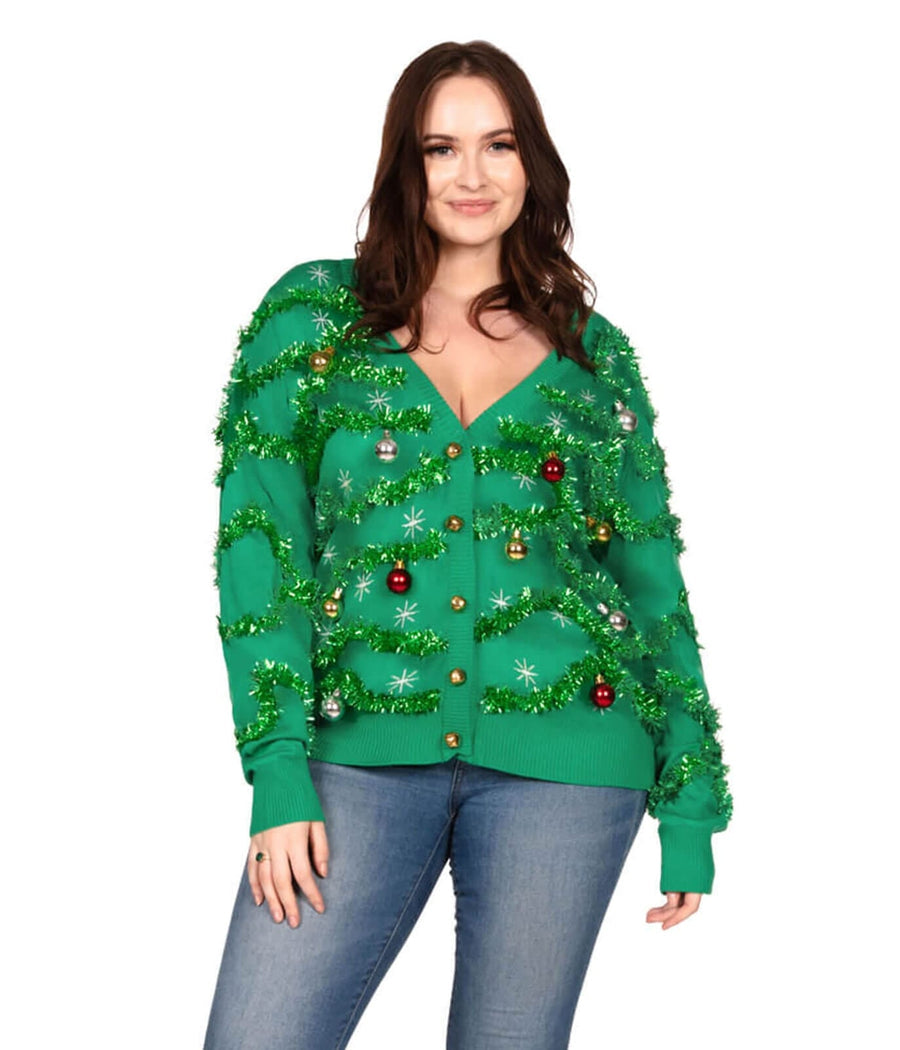 Womens Plus Size Christmas Tree Cardigan in Green and Red with Tinsel and Bulbs