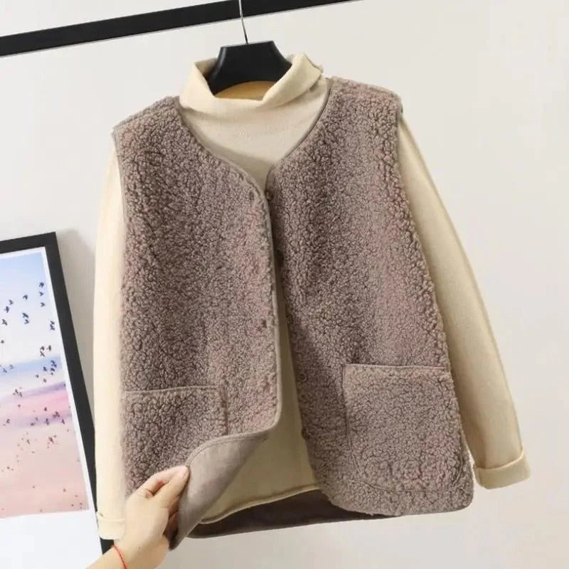 Womens Sherpa Fleece Vest with Button Front and Patch Pockets