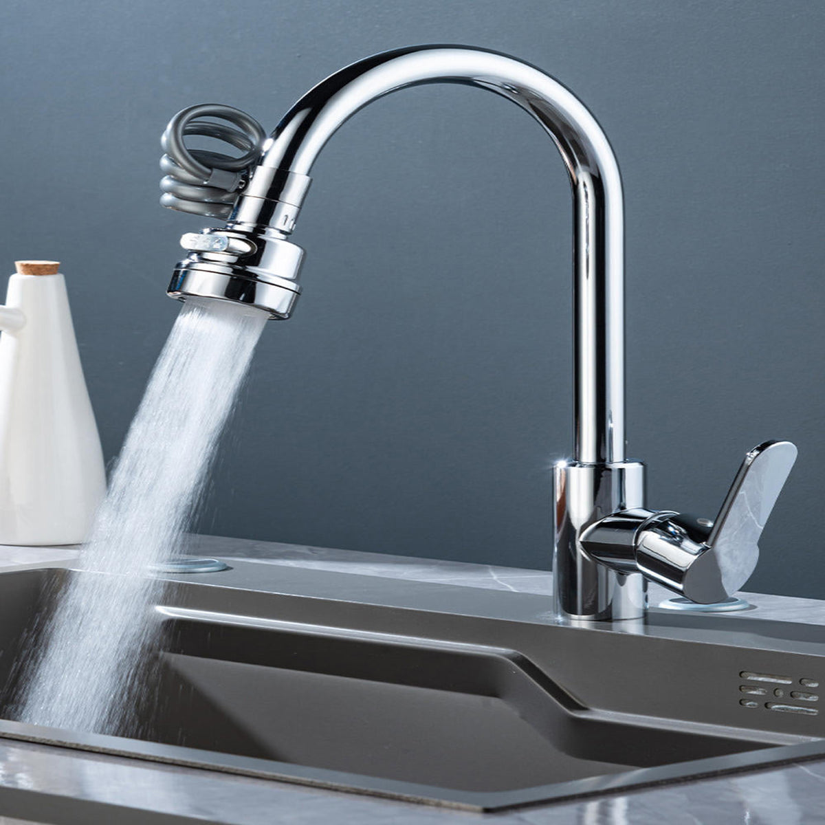 Faucet Extender with a 360 Degree Swivel, a Stretch Hose, Three Spray Modes and a Built In Filter